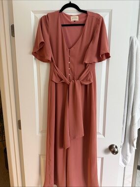 Dusty Rose Button-Front Tie-Waist Romper